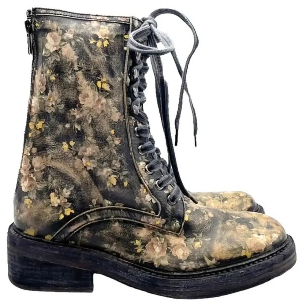 Free People Santa Fe Black Floral Leather Lace-Up Combat Boot Sz US 8 EU 38 NWT